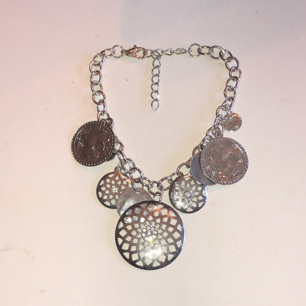 Silver Tone Filigree Disc Charm Bracelet